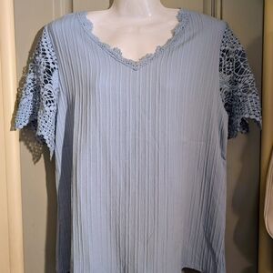 Lace Sleeve V-Neck Women's Top in Light Blue